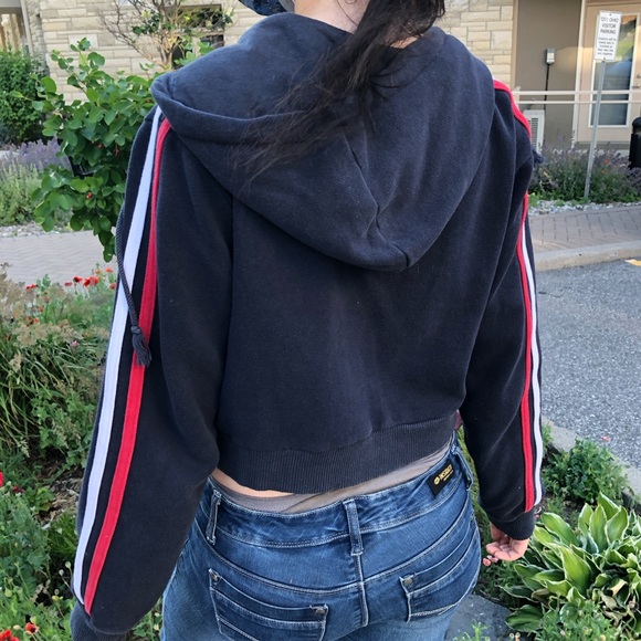 Brandy Melville Navy Blue Cropped Zip-up Hoodie w/ stripes on sleeves - Picture 5 of 10
